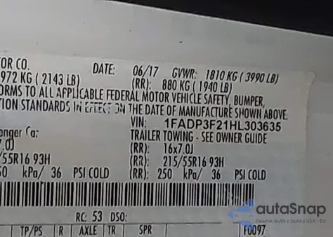 2017 Ford Focus Se z USA, uszkodzony, nr VIN 1FADP3F21HL303635